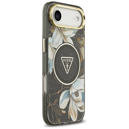 MagSafe Hülle für Apple iPhone 17 Air, Guess, IML Metal Glitter Flowers Triangle, Schwarz