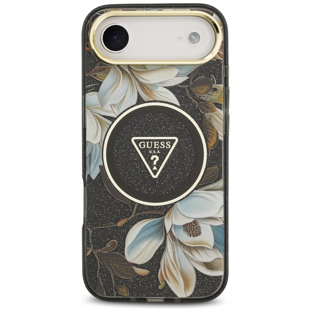 MagSafe Hülle für Apple iPhone 17 Air, Guess, IML Metal Glitter Flowers Triangle, Schwarz