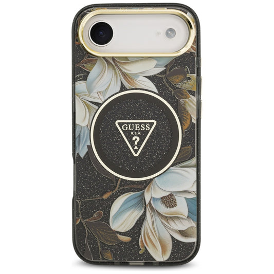 MagSafe Hülle für Apple iPhone 17 Air, Guess, IML Metal Glitter Flowers Triangle, Schwarz