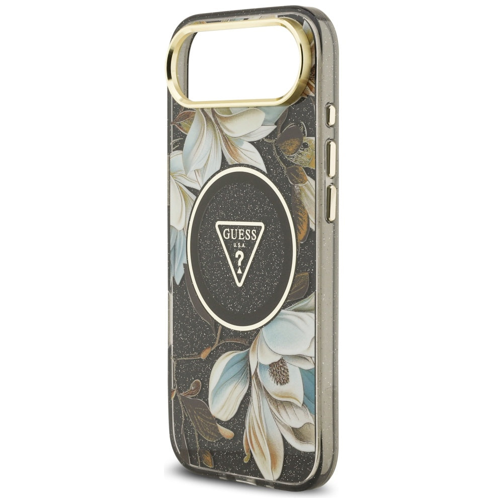 MagSafe Hülle für Apple iPhone 17 Air, Guess, IML Metal Glitter Flowers Triangle, Schwarz
