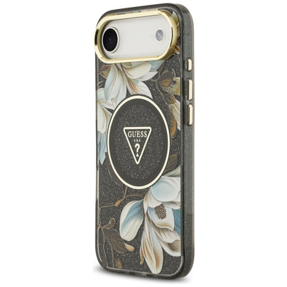 MagSafe Hülle für Apple iPhone 17 Air, Guess, IML Metal Glitter Flowers Triangle, Schwarz