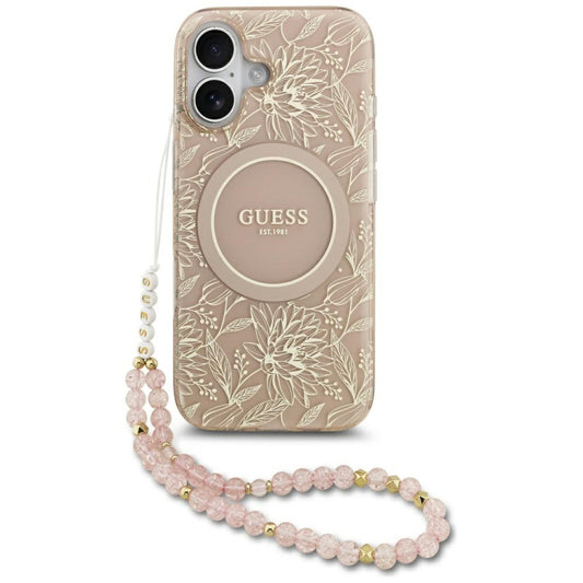 MagSafe Hülle für Apple iPhone 17, Guess, IML Flowers Allover Electroplated with Pearl Strap, Schwarz