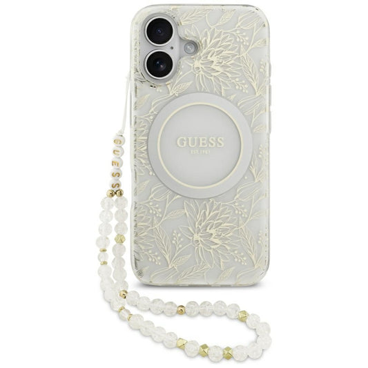 MagSafe Hülle für Apple iPhone 17, Guess, IML Flowers with Pearl Strap, Weiß