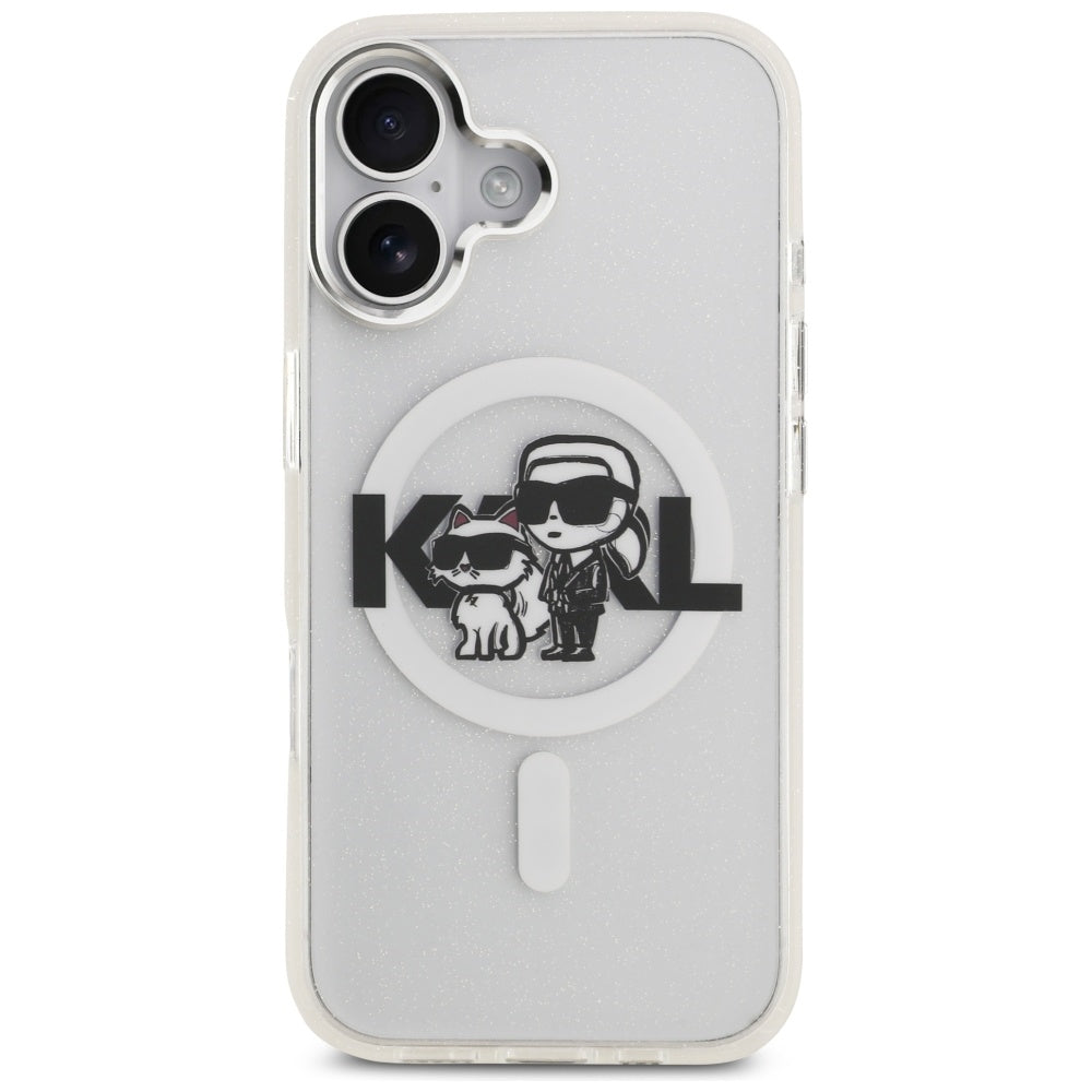 MagSafe Hülle für Apple iPhone 17, Karl Lagerfeld, IML Sketch Logo Glitter Karl & Choupette, Transparent
