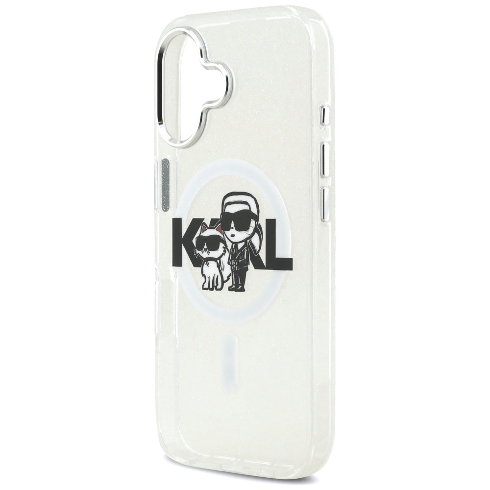 MagSafe Hülle für Apple iPhone 17, Karl Lagerfeld, IML Sketch Logo Glitter Karl & Choupette, Transparent
