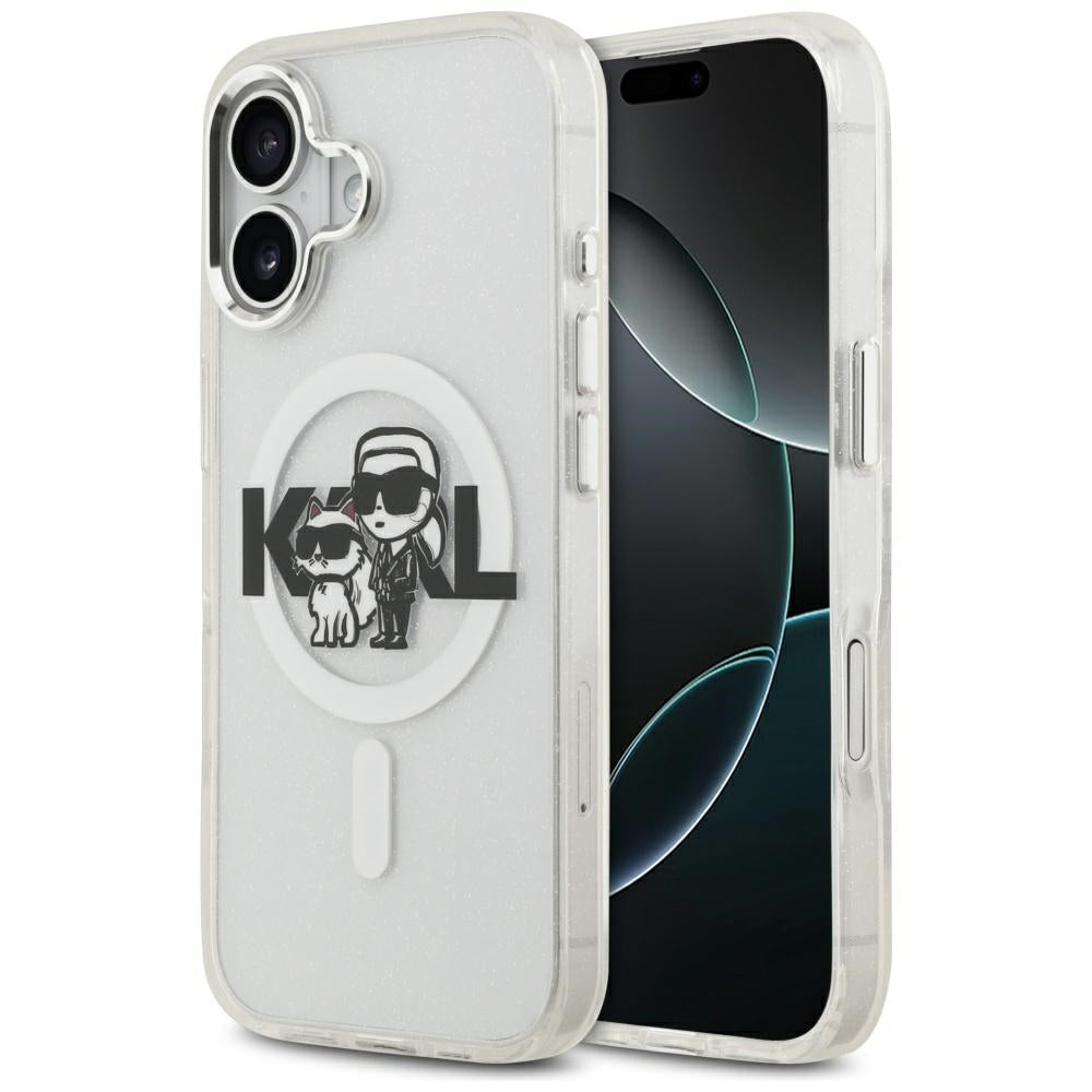 MagSafe Hülle für Apple iPhone 17, Karl Lagerfeld, IML Sketch Logo Glitter Karl & Choupette, Transparent