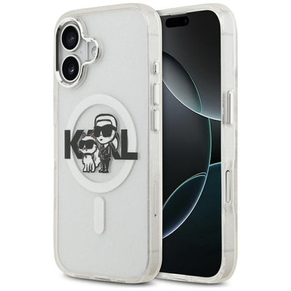 MagSafe Hülle für Apple iPhone 17, Karl Lagerfeld, IML Sketch Logo Glitter Karl & Choupette, Transparent