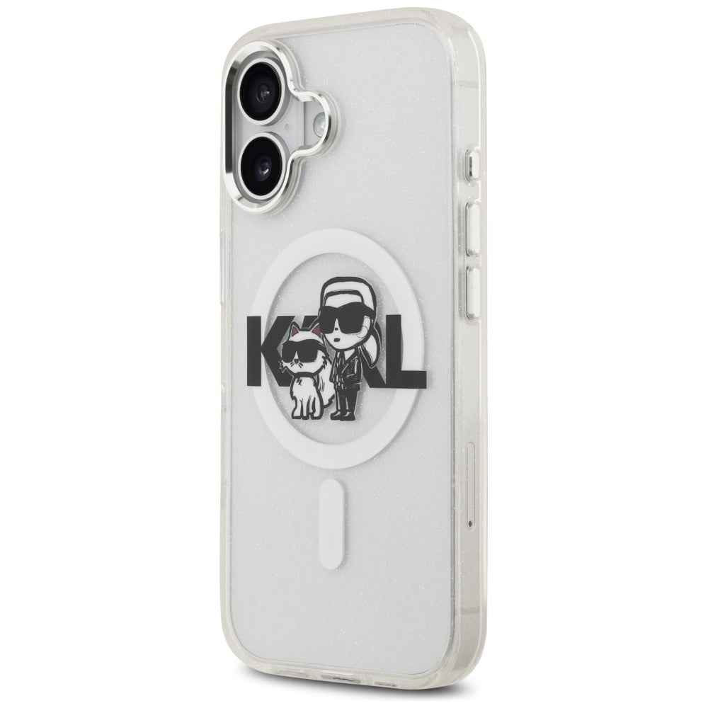 MagSafe Hülle für Apple iPhone 17, Karl Lagerfeld, IML Sketch Logo Glitter Karl & Choupette, Transparent