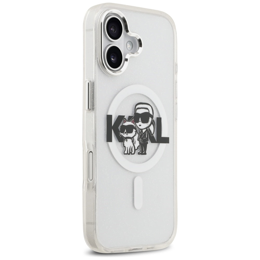 MagSafe Hülle für Apple iPhone 17, Karl Lagerfeld, IML Sketch Logo Glitter Karl & Choupette, Transparent