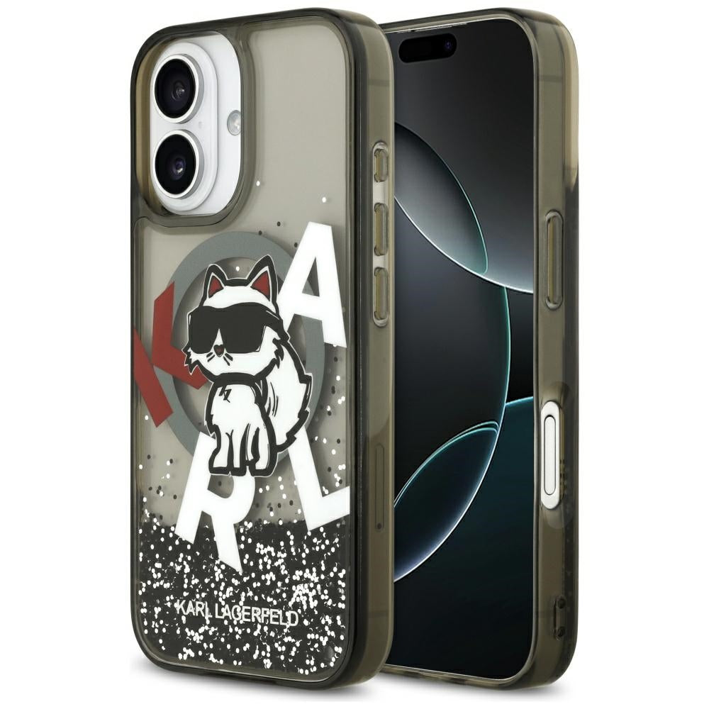 MagSafe Hülle für Apple iPhone 17, Karl Lagerfeld, Liquid Glitter Logo Choupette, Schwarz