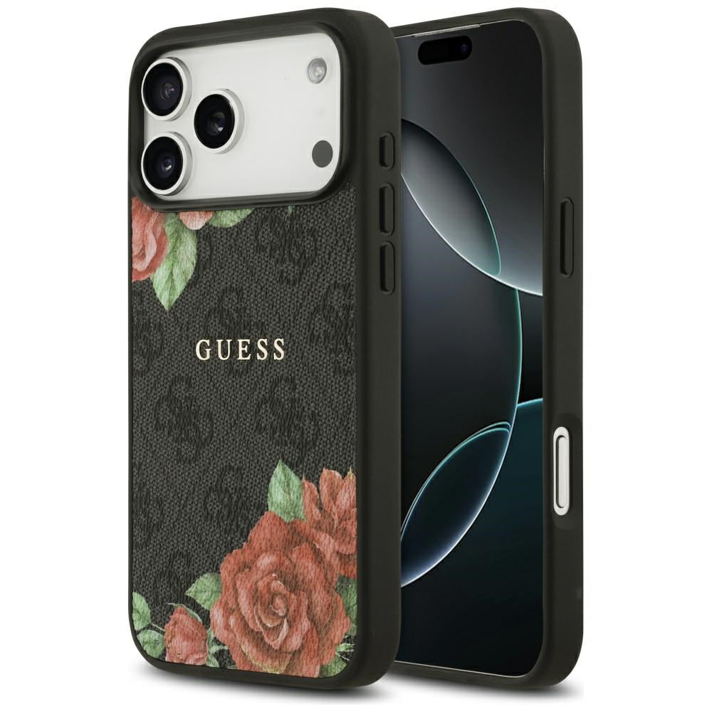 MagSafe Hülle für Apple iPhone 17 Pro, Guess, 4G Flowers Print, Schwarz