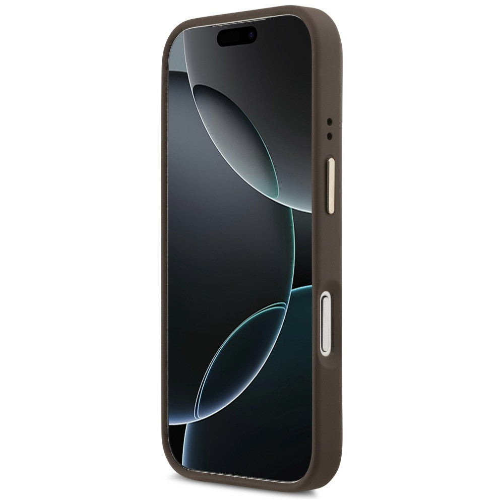 MagSafe Hülle für Apple iPhone 17 Pro, Guess, 4G Triangle Logo mit Kameraständer, Goldenes Braun