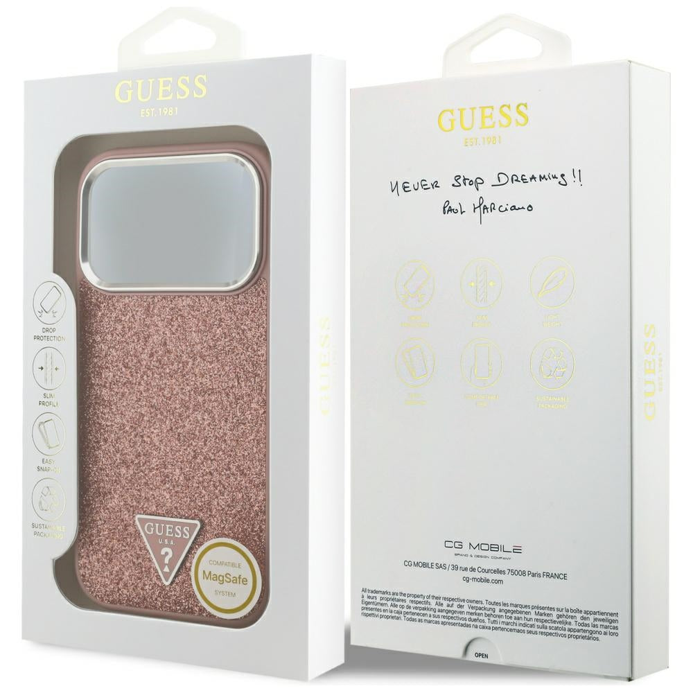 MagSafe Hülle für Apple iPhone 17 Pro, Guess, Glitter Triangle Logo, Rosa