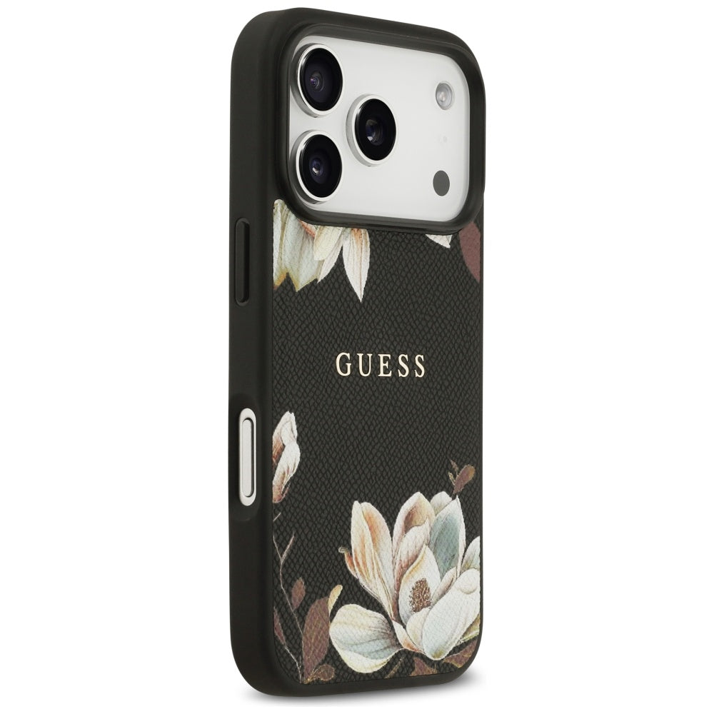 MagSafe Hülle für Apple iPhone 17 Pro, Guess, Grained Flowers, Schwarz