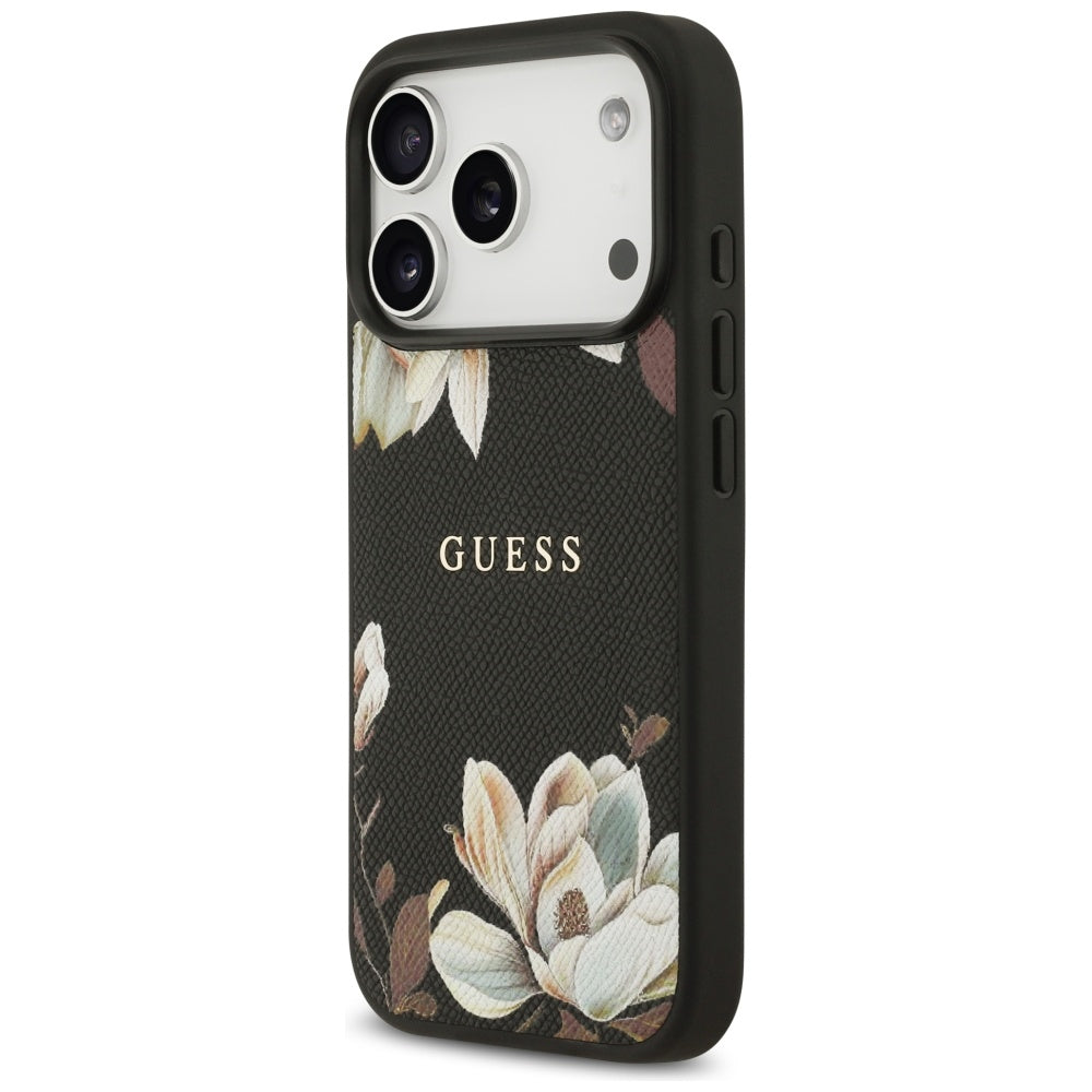 MagSafe Hülle für Apple iPhone 17 Pro, Guess, Grained Flowers, Schwarz