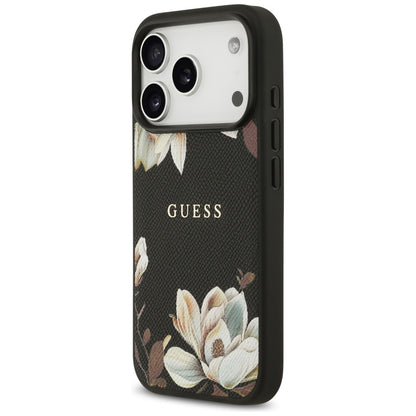 MagSafe Hülle für Apple iPhone 17 Pro, Guess, Grained Flowers, Schwarz