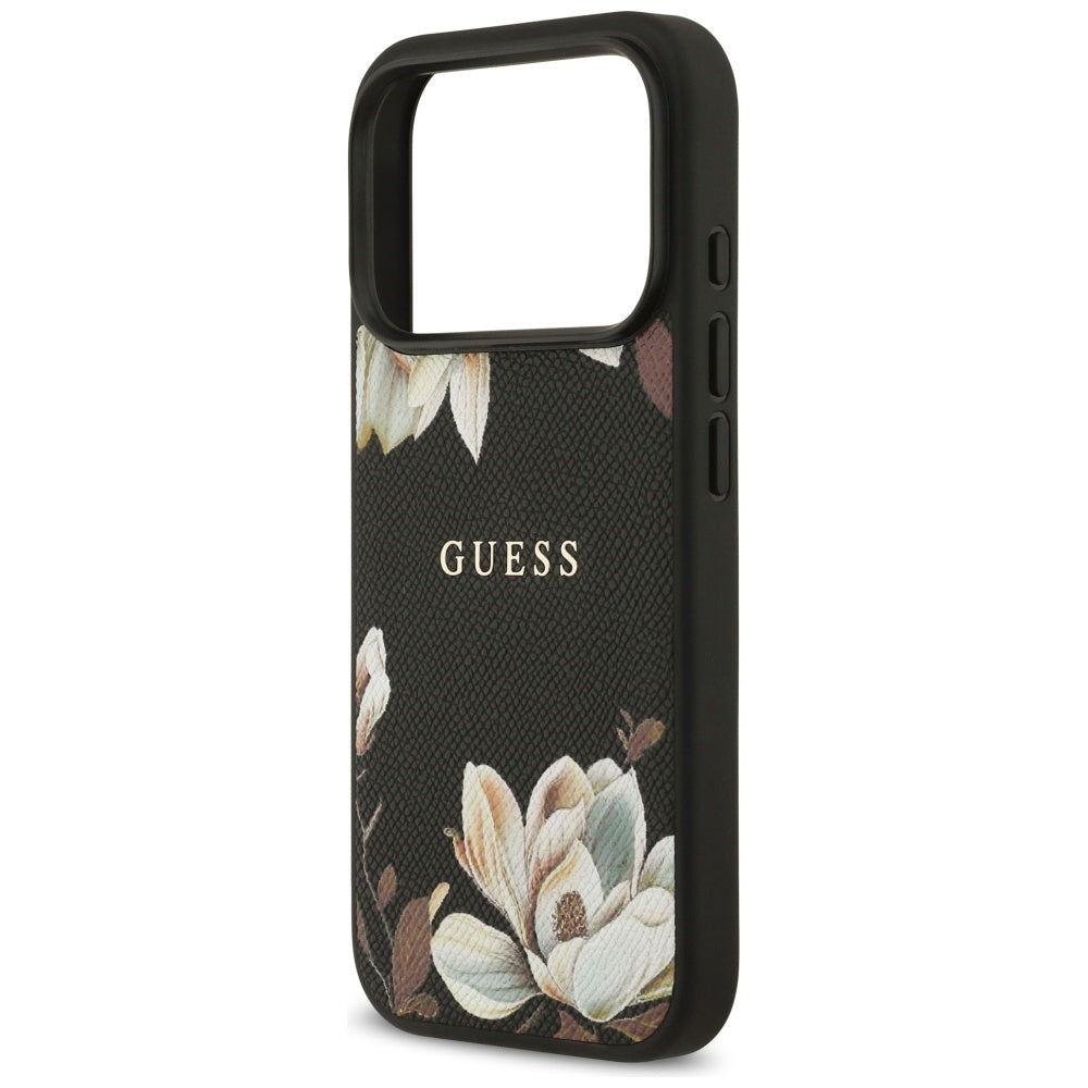 MagSafe Hülle für Apple iPhone 17 Pro, Guess, Grained Flowers, Schwarz