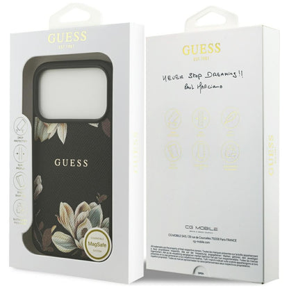 MagSafe Hülle für Apple iPhone 17 Pro, Guess, Grained Flowers, Schwarz