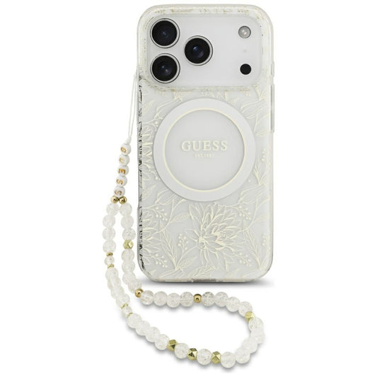 MagSafe Hülle für Apple iPhone 17 Pro, Guess, IML Flowers Allover Electroplated with Pearl Strap, Weiß