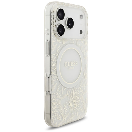 MagSafe Hülle für Apple iPhone 17 Pro, Guess, IML Flowers Allover Electroplated with Pearl Strap, Weiß