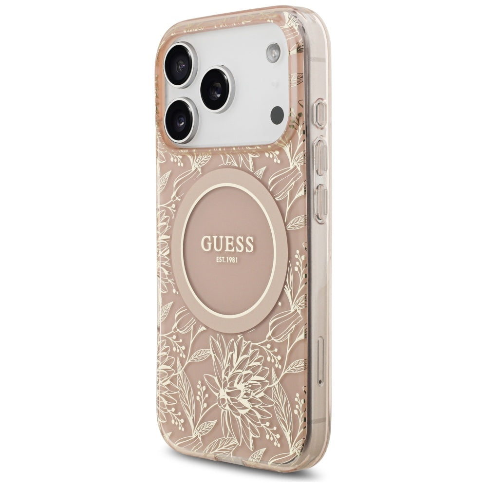 MagSafe Hülle für Apple iPhone 17 Pro, Guess, IML Flowers Allover Electroplated with Pearl Strap, Rosa