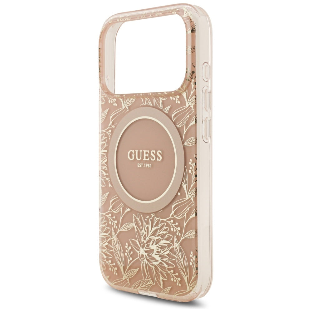 MagSafe Hülle für Apple iPhone 17 Pro, Guess, IML Flowers Allover Electroplated with Pearl Strap, Rosa