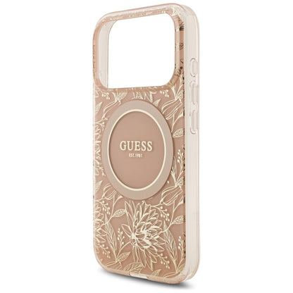MagSafe Hülle für Apple iPhone 17 Pro, Guess, IML Flowers Allover Electroplated with Pearl Strap, Rosa