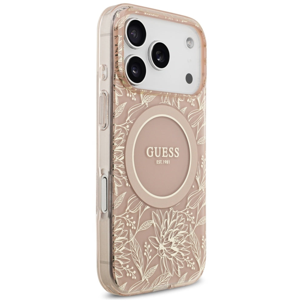 MagSafe Hülle für Apple iPhone 17 Pro, Guess, IML Flowers Allover Electroplated with Pearl Strap, Rosa