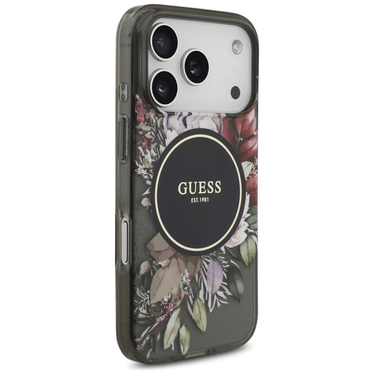 MagSafe Hülle für Apple iPhone 17 Pro, Guess, IML Flowers with Pearl Strap, Schwarz