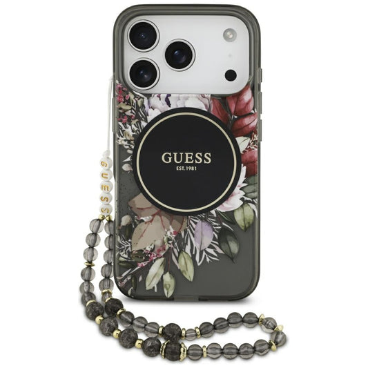 MagSafe Hülle für Apple iPhone 17 Pro, Guess, IML Flowers with Pearl Strap, Schwarz