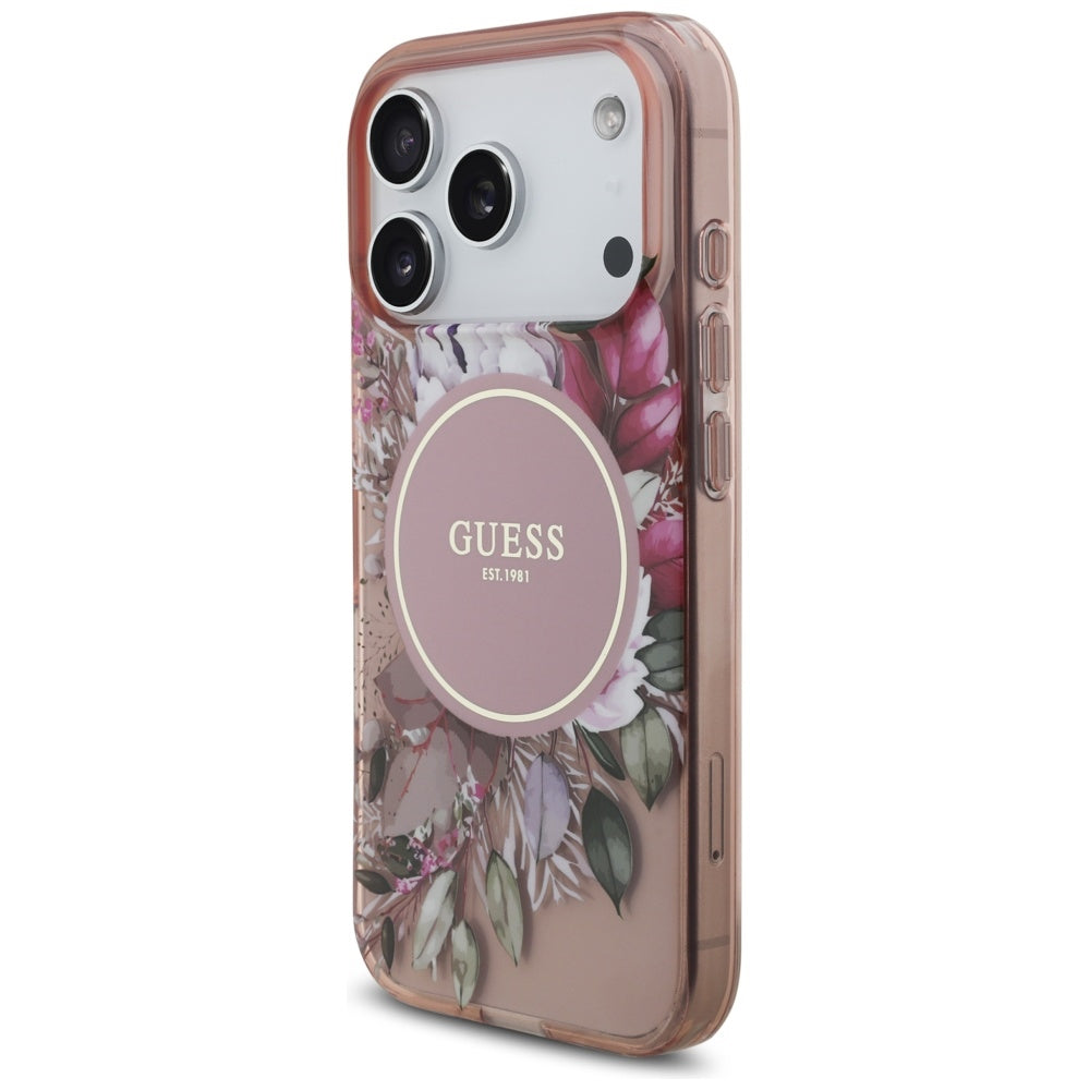 MagSafe Hülle für Apple iPhone 17 Pro, Guess, IML Flowers with Pearl Strap, Rosa