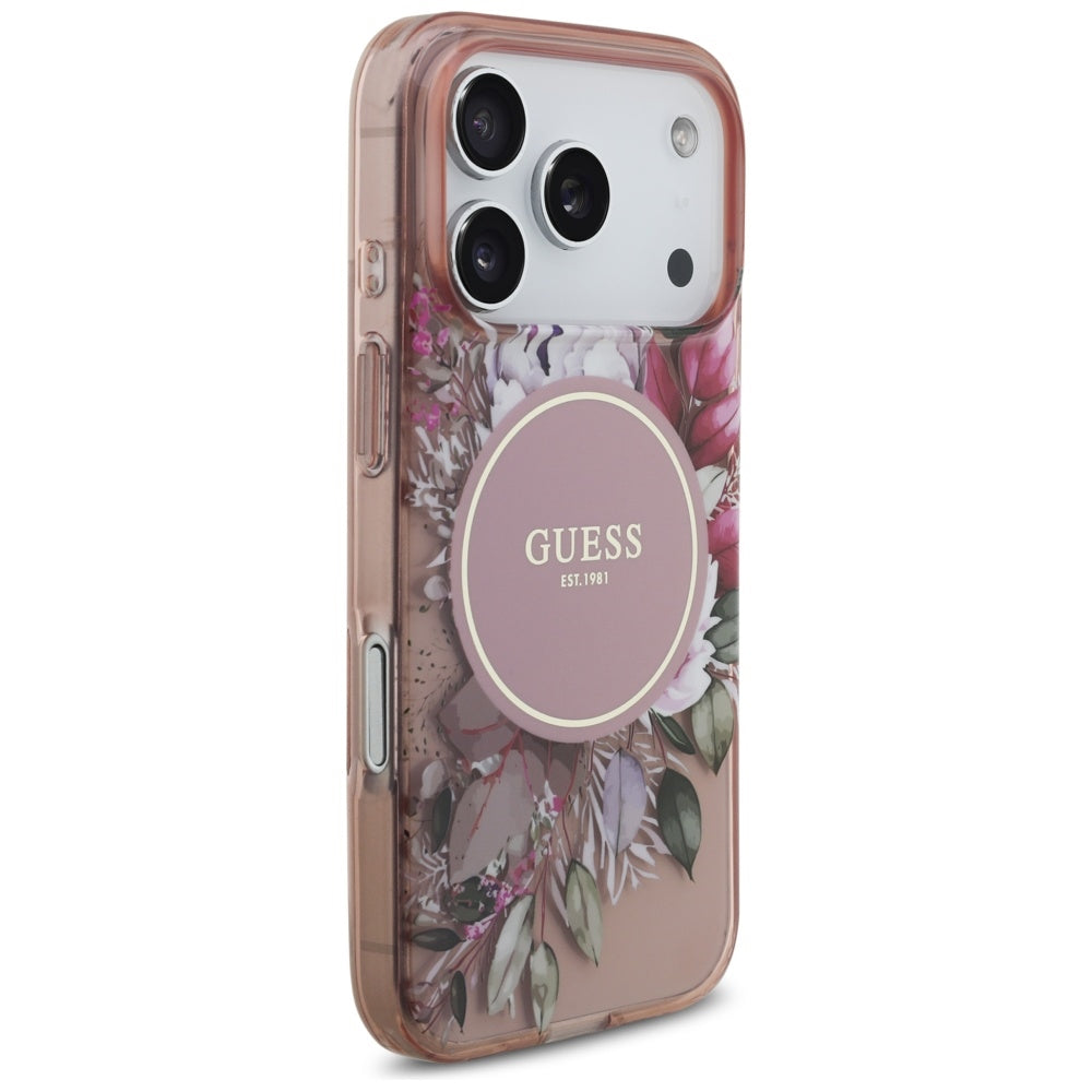 MagSafe Hülle für Apple iPhone 17 Pro, Guess, IML Flowers with Pearl Strap, Rosa