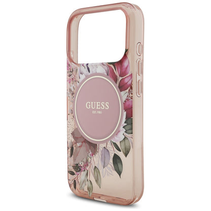 MagSafe Hülle für Apple iPhone 17 Pro, Guess, IML Flowers with Pearl Strap, Rosa
