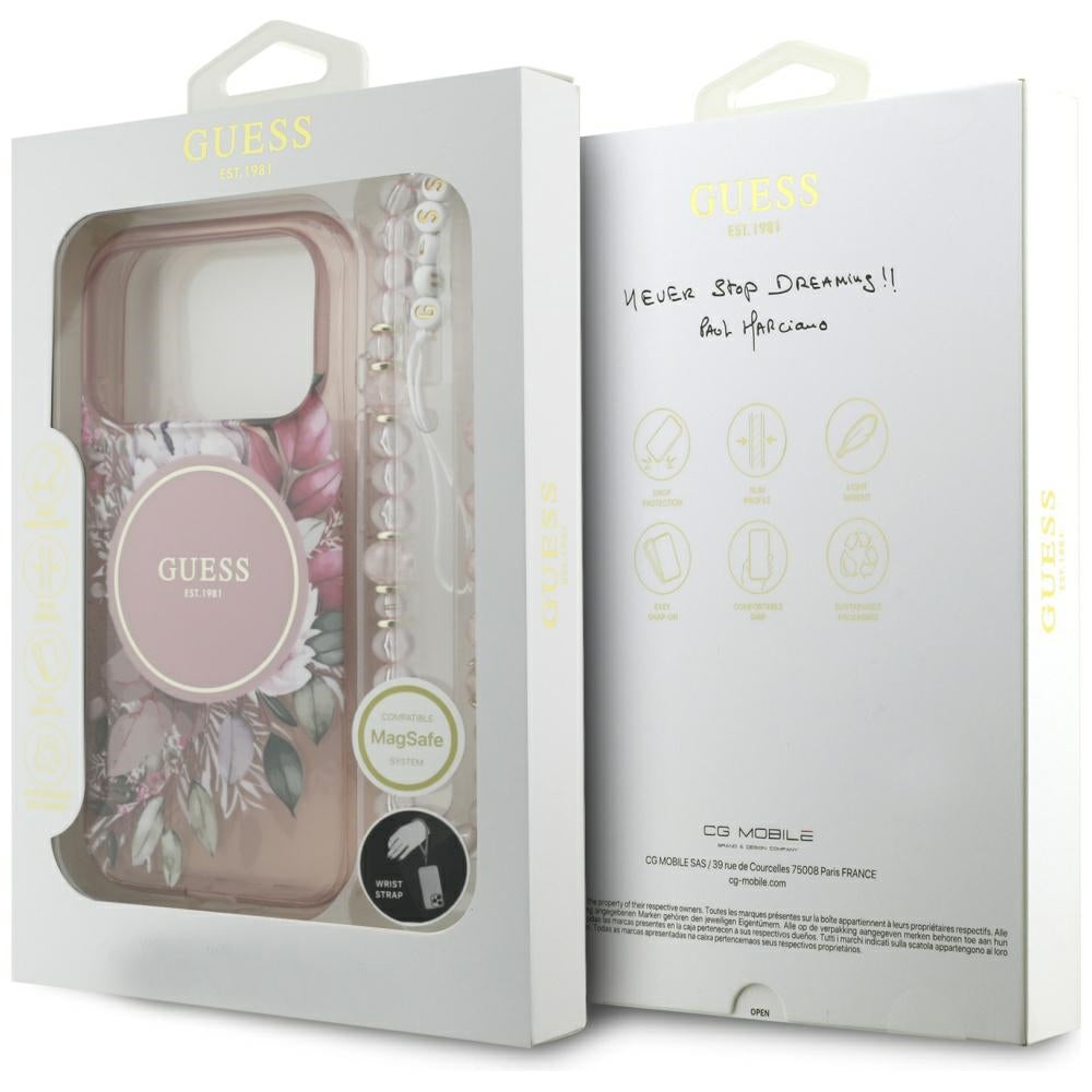 MagSafe Hülle für Apple iPhone 17 Pro, Guess, IML Flowers with Pearl Strap, Rosa