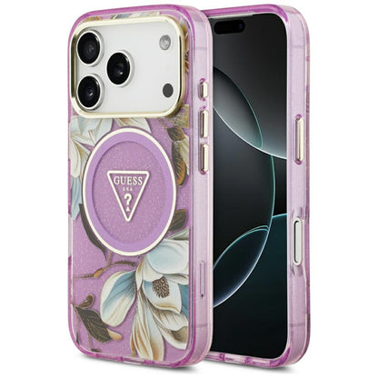 MagSafe Hülle für Apple iPhone 17 Pro, Guess, IML Metal Glitter Flowers Triangle, Lila