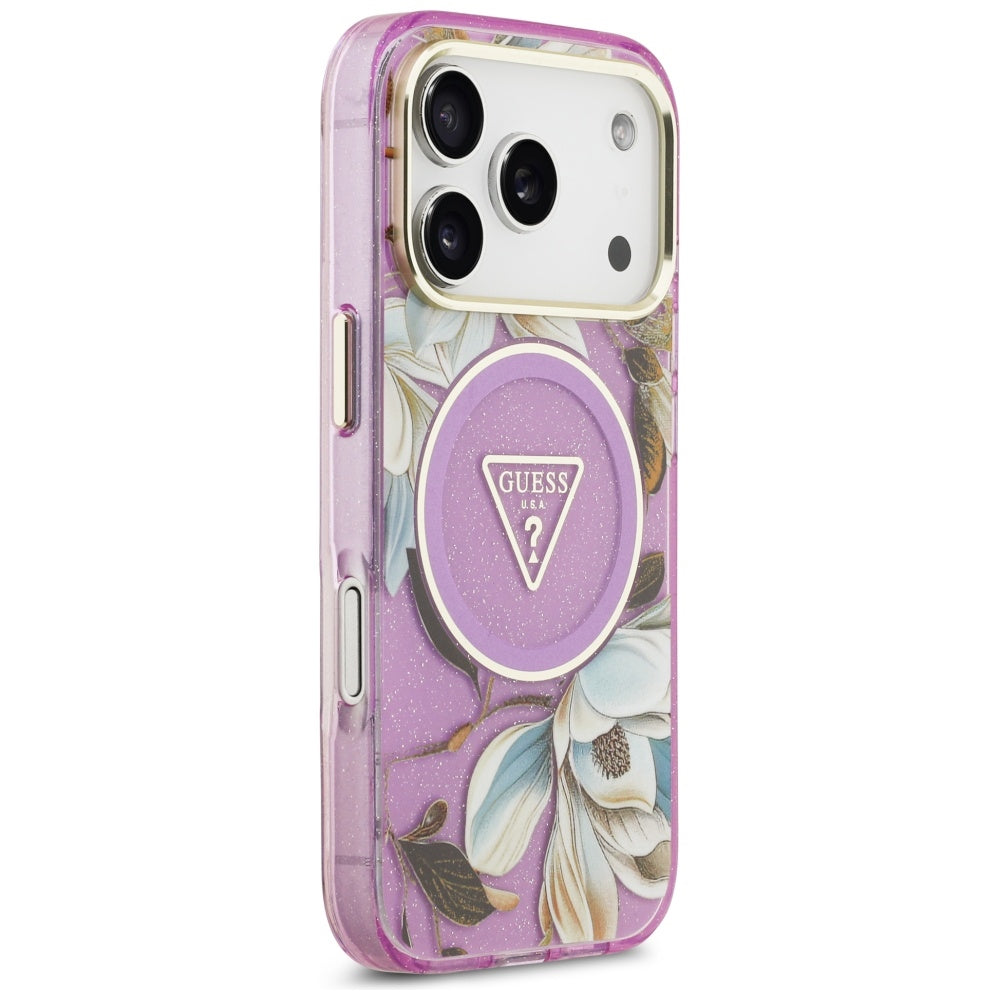 MagSafe Hülle für Apple iPhone 17 Pro, Guess, IML Metal Glitter Flowers Triangle, Lila