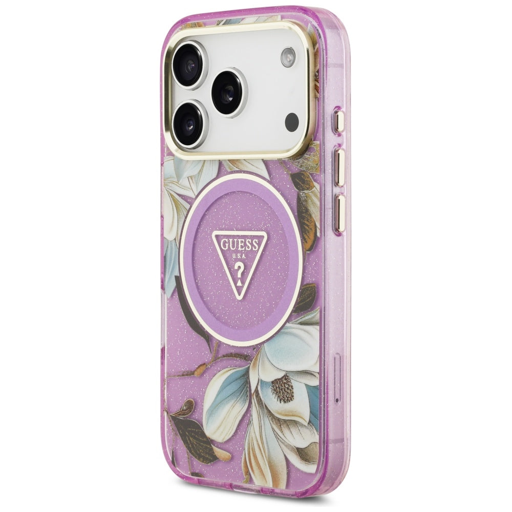 MagSafe Hülle für Apple iPhone 17 Pro, Guess, IML Metal Glitter Flowers Triangle, Lila