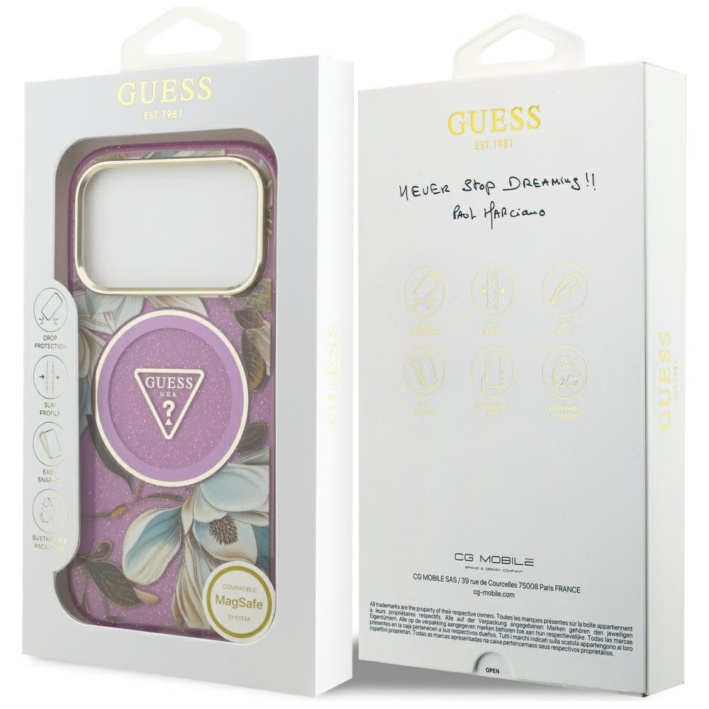 MagSafe Hülle für Apple iPhone 17 Pro, Guess, IML Metal Glitter Flowers Triangle, Lila