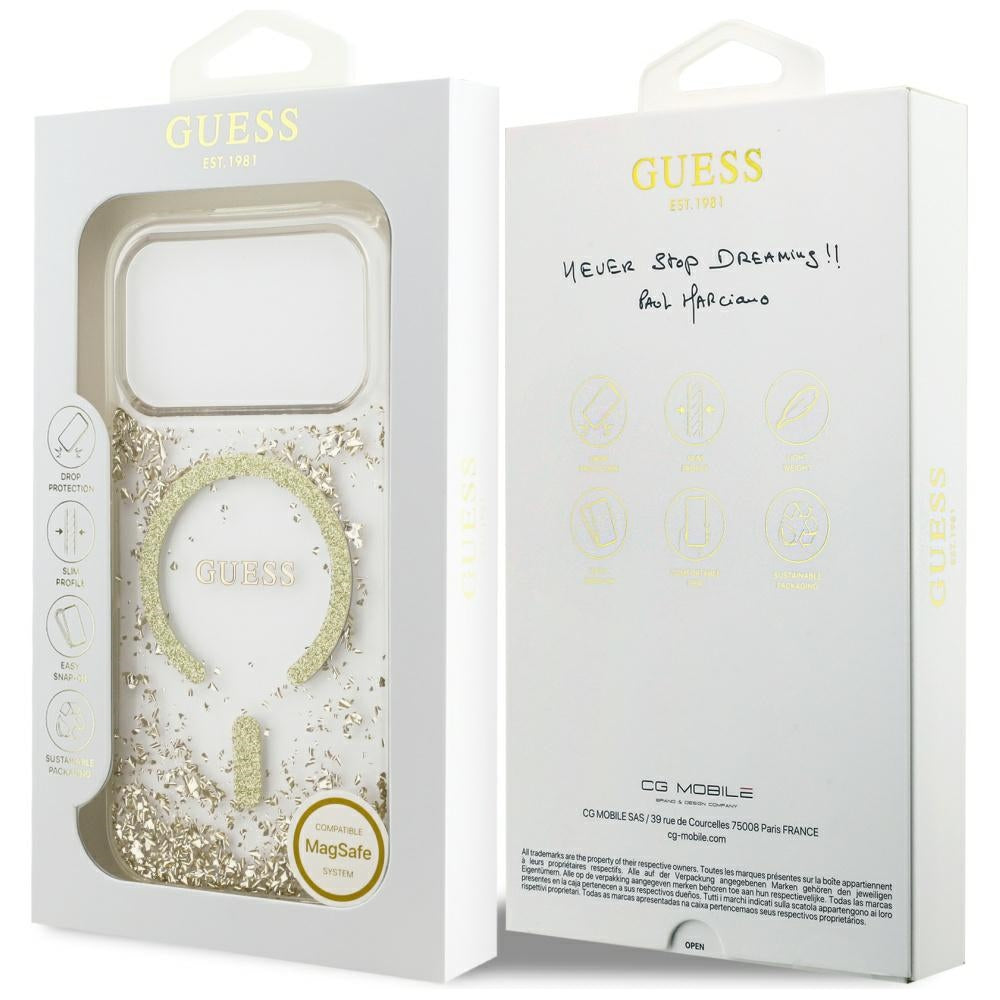MagSafe Hülle für Apple iPhone 17 Pro, Guess, Resin Bottom Glitter, Gold