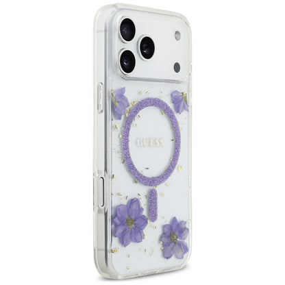 MagSafe Hülle für Apple iPhone 17 Pro, Guess, Resin Flowers and Glitter, Lila