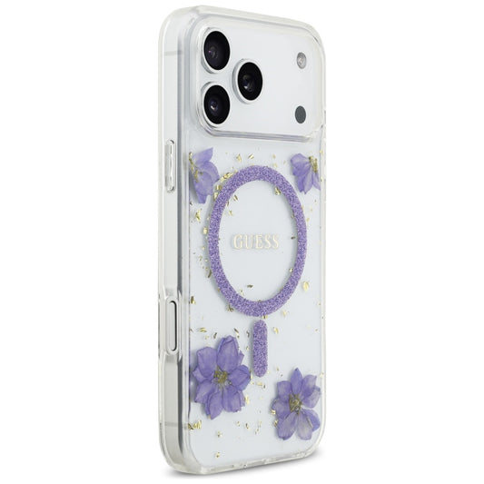 MagSafe Hülle für Apple iPhone 17 Pro, Guess, Resin Flowers and Glitter, Lila