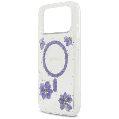MagSafe Hülle für Apple iPhone 17 Pro, Guess, Resin Flowers and Glitter, Lila