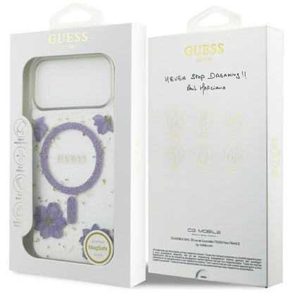 MagSafe Hülle für Apple iPhone 17 Pro, Guess, Resin Flowers and Glitter, Lila