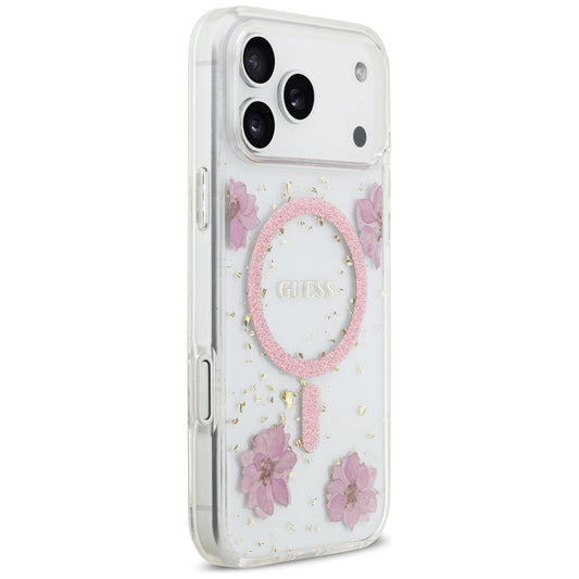 MagSafe Hülle für Apple iPhone 17 Pro, Guess, Resin Flowers and Glitter, Rosa
