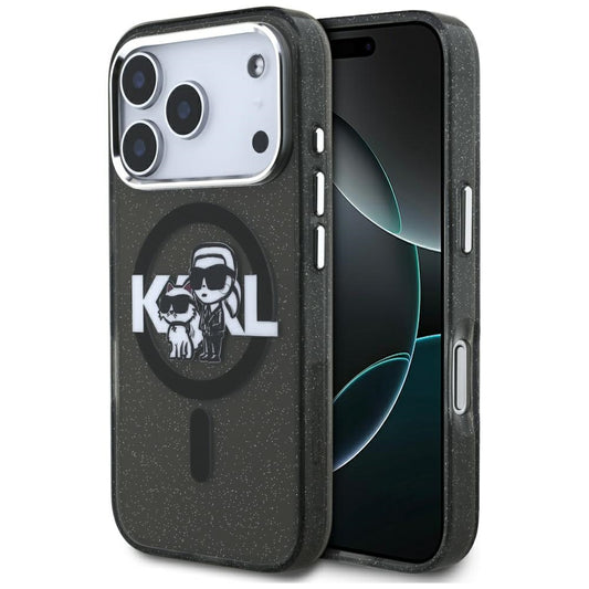 MagSafe Case for Apple iPhone 17 Pro, Karl Lagerfeld, IML Sketch Logo Glitter Karl & Choupette, Black