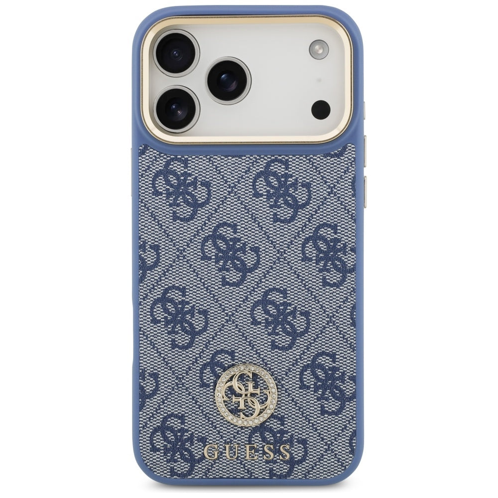 MagSafe Hülle für Apple iPhone 17 Pro Max, Guess, 4G Strass Logo mit großem Band, Blau