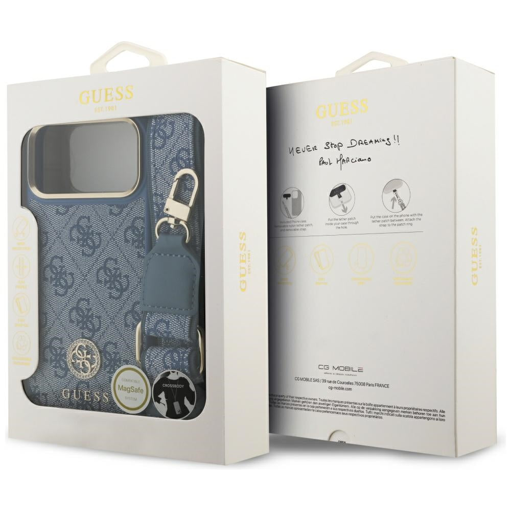 MagSafe Hülle für Apple iPhone 17 Pro Max, Guess, 4G Strass Logo mit großem Band, Blau