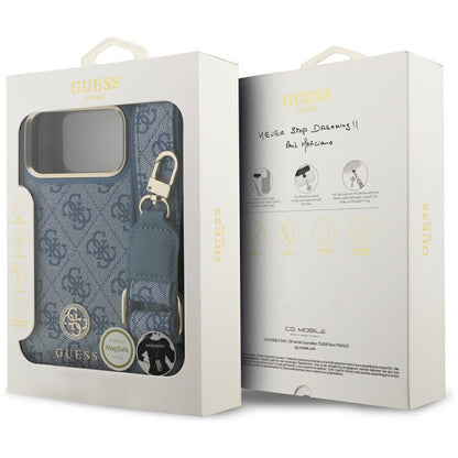 MagSafe Hülle für Apple iPhone 17 Pro Max, Guess, 4G Strass Logo mit großem Band, Blau