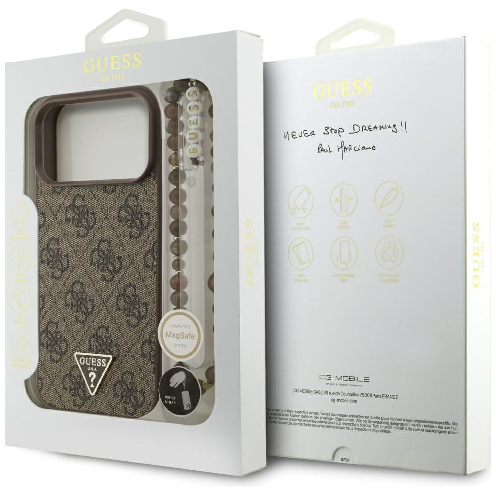 MagSafe Hülle für Apple iPhone 17 Pro Max, Guess, 4G Triangle Logo Cord Strap, Braun