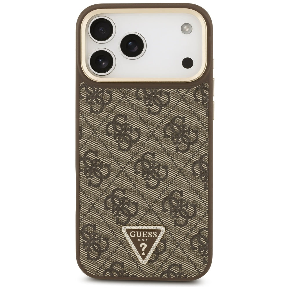 MagSafe Hülle für Apple iPhone 17 Pro Max, Guess, 4G Triangle Logo mit großem Riemen, Braun